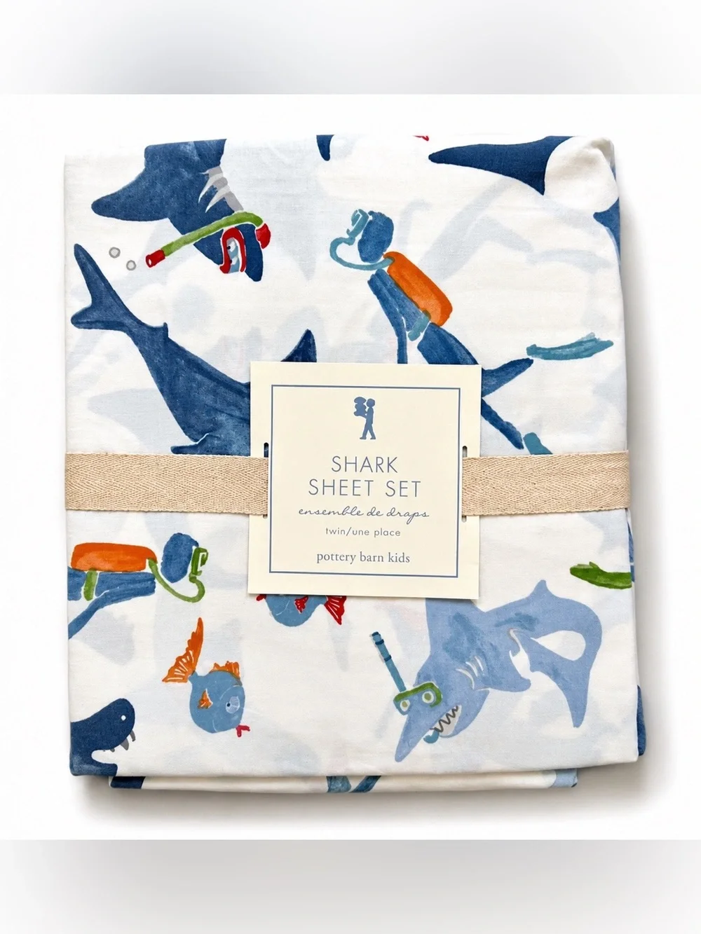 Pottery Barn Kids Shark Fish Coastal Scuba Diver Print TWIN Sheets Set NWT